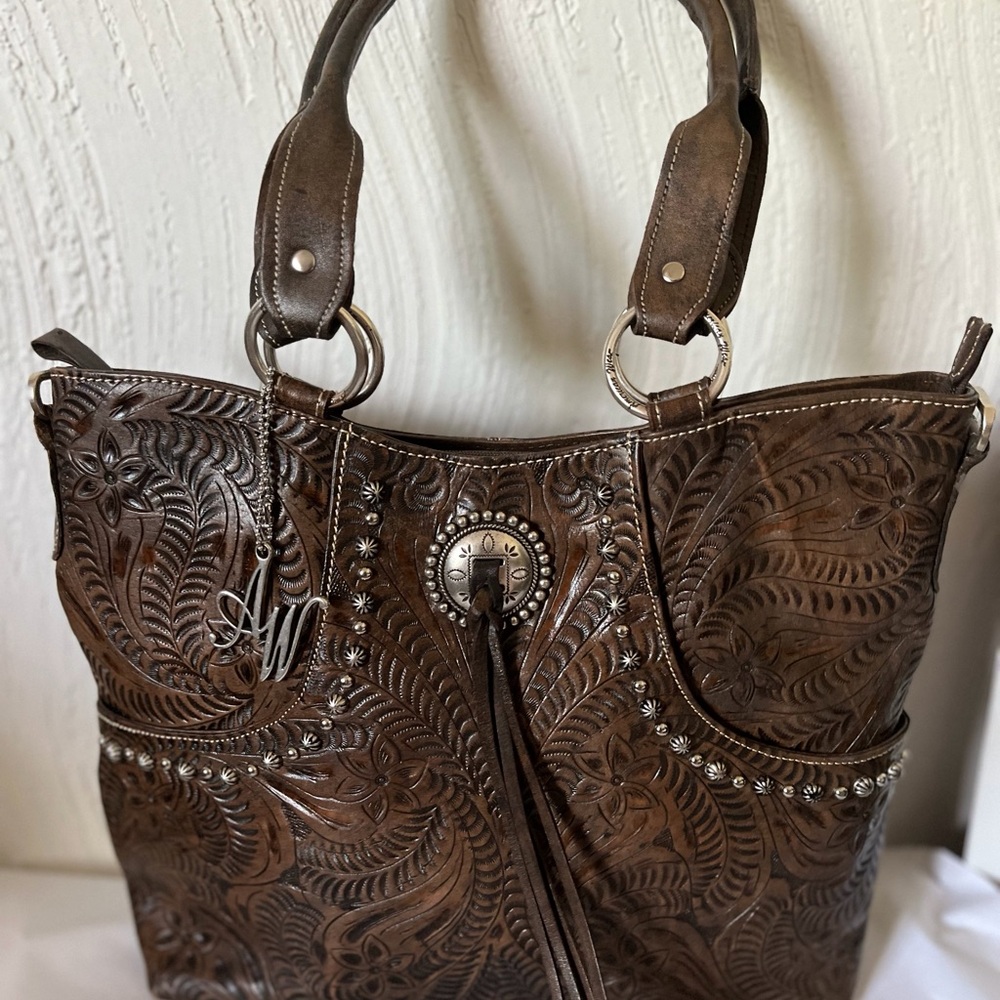 American West Hand Tooled Leather Handbag Western Bag Shoulder Purse Tassel